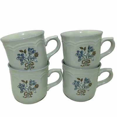 Juego de 4 tazas de colección Cordella de gres japonés azul floral años 80 Cottagecore Foto 1 de 4