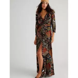 Maxi abito Free People Lennon nuovo $168 X-SMALL nero combinato stampa vintage Insp - Foto 1 di 9