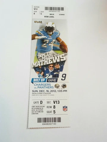 2012 San Diego Chargers Carolina Panthers NFL Football Full Ticket Stub Cover