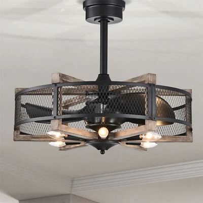 Wulf 24 Inch Imitation Wood Grain Cage Fandelier - Image 1 of 4