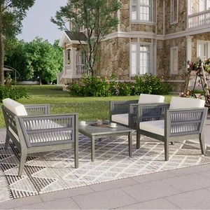 4-Pieces Acacia Wood Patio Furniture Set, Outdoor Furniture with Coffee Table, P - Picture 1 of 12