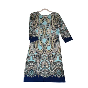 London Times Dress Womens 12 Teal Blue Paisley Sheath Shift Career Boho - Picture 1 of 10