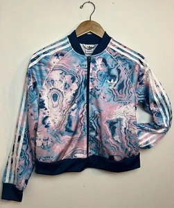 Adidas Fleece Track Jacket Zip Up Collared Blue Pink Swirl Girls Youth L 13/14y - Picture 1 of 8