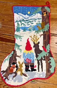 VINTAGE HANDSTITCHED NEEDLEART NEEDLEPOINT CHRISTMAS STOCKING, WOODLAND SCENE - Picture 1 of 7
