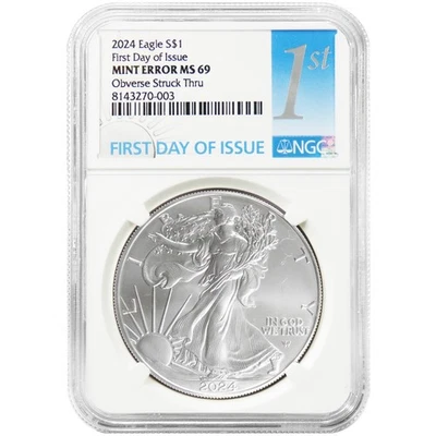 2024 $1 American Silver Eagle NGC MS69 FDI Mint Error Obverse Strike Thru - Image 1 of 2