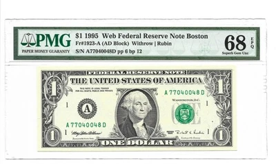 1995 $1 Web Federal Reserve Note Boston Fr. 1923-A Superb Gem Unc PMG 68 EPQ - Image 1 of 2