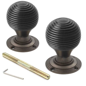 5 x Pairs Antique Brass Ebonised Wood Beehive Door Rim Knob Black Hard Mortice - Picture 1 of 3