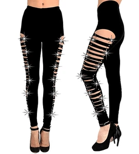 Neu Bling Bling Baumwolle Strass Leggings Cut Out, gerippt S, M, L, XL - Bild 1 von 3