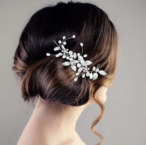 Flower Pearl Hair Pins for Bride, Wedding Hair Piece Rhinestone, White & Silver - Picture 1 of 7