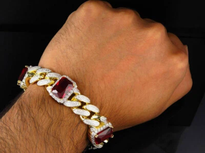 Attractive Emerald Cut Red Garnet 8" Men's Wedding High Finish Silver Bracelet - Image 1 of 4