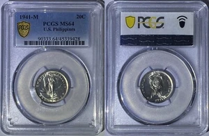 Filipinas Estados Unidos 1941 M 20 centavos moneda de plata blanca impresionante elección graduación profesional MS 64 - Imagen 1 de 1