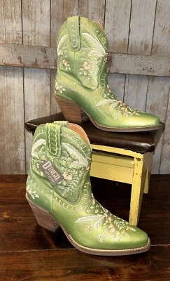 Botines de vaquero Dingo para mujer talla 9 rosa prímula bordados florales VERDE punta corta NUEVO Foto 1 de 4
