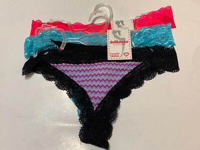 Casa de Muñecas Rosa Brillante Negro Zig Zag Encaje Botín Cheeky Tanga Bragas 3 Pares M Foto 1 de 2