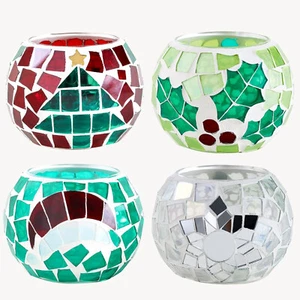 4pcs Mosaic Glass Tealight Candle Holders Red Green Christmas Table Decor - Picture 1 of 9