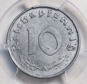 1943-A, Germany (3rd Reich). Zinc 10 Pfennig Coin. Low Pop 1/2! PCGS MS-65!