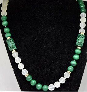 Chinese 14K Solid Gold, Natural Malachite and Round Chrystal Beads Necklace - Picture 1 of 12