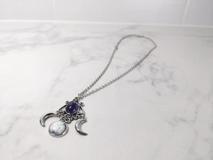 Wiccan Amethyst Triple Moon Goddess Pendant Silver Chain Necklace Witchcraft - Picture 1 of 4