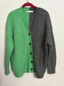 ZARA WOMAN CONTRAST KNIT COLOUR BLOCK CARDIGAN Green&GREY Size M - Bild 1 von 7