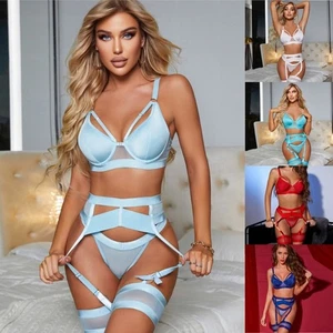 Ladies Erotic Lingerie Bra Thong Suspender Sex Stocking Underwear Nightwear Set - Picture 1 of 34