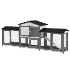 PawHut Rabbit Hutch, Guinea Pig Hutch, 2-Tier Bunny House w/ Run, Grey - Picture 1 of 11