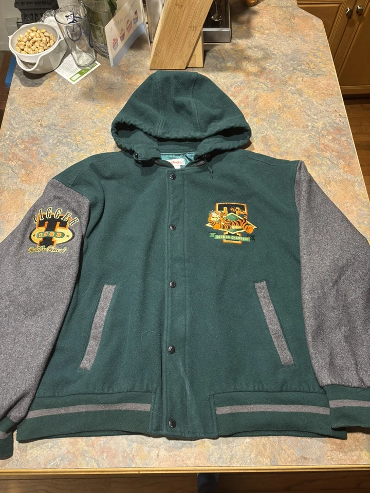 Винтажный Disney Tigger зеленый шерсти смесь Varsity куртка Винни-Пух (XL) капюшон - Изображение 1 из 4