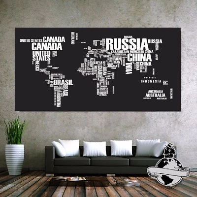 Banner Huge large  Size canvas Black Words Decor Wall Home World Map Poster  - Image 1 of 4
