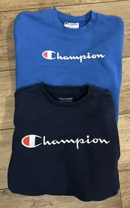 Lot of 2 Champion Blue Long-Sleeve Sweatshirt Chest Sleeve Logo Boys Size M - Picture 1 of 2