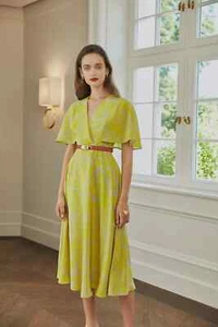 $2K ESCADA silk long midi batwing cape sleeve dress sz 38 8 M yellow - Picture 1 of 22