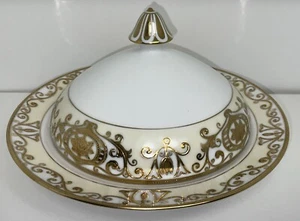 Noritake 175 Christmas Ball Gold Round Covered cheese Butter Dish with Strainer - Picture 1 of 10