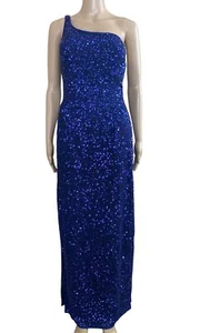Vintage 1980s SCALA 100% Silk Blue One-Shoulder Sequins Evening Gown Sz M  - Picture 1 of 15