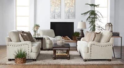 NEW Cream Sofa Loveseat Upholstered Fabric Farmhouse Living Room Set & 8 Pillows - Image 1 of 3