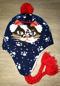 girls LANDS END medium/large KNIT KITTEN CAT HAT fleece lined POMPOM BRAIDS cute - Picture 1 of 1