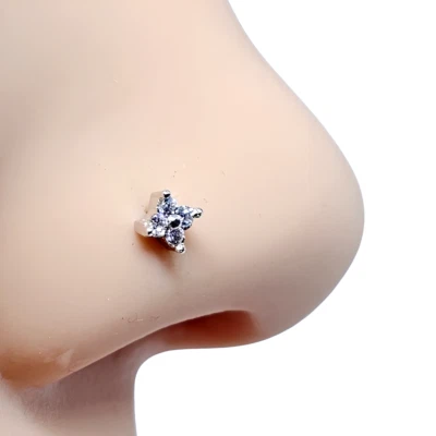 Piercing corpo curva a L in acciaio 316L Nose Stud Flower 4 Cubic Zirconia CZ... - Immagine 1 di 4