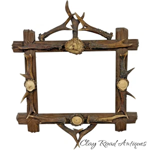 antica cornice corna stile foresta nera Adirondack cervo intagliato vittoriano 16x14 - Foto 1 di 21