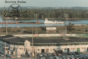 Postal escasa del 50 aniversario del estadio Clinton Iowa's Lumber Kings Riverview - Imagen 1 de 2