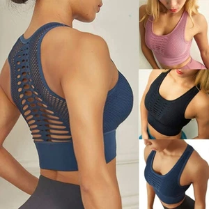Sports Bra Women Wireless Front Mesh Padded Yoga Cami Push Up Vest Support Top - Picture 1 of 5