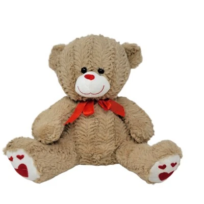 Teddy Bear Stuffed Plush Animal 12" Hearts Valentine's Day Beige Tan Fuzzy Soft! - Image 1 of 3