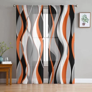 Orange Black Grey Sheer Curtains 63 Inch Length 2 Panels Set for Living Room/... - Picture 1 of 7