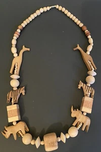 Vintage Hand Carved Wooden African Jungle Safari Animals Beaded 32" Necklace - Picture 1 of 8