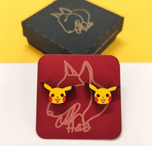 Wooden Pokémon Earrings, Pikachu, Colorful Gamer Geek, Anime Fan, Best Nerd Gift - Picture 1 of 2