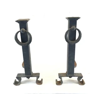 Hand Forged Black Ring Andirons - Picture 1 of 10