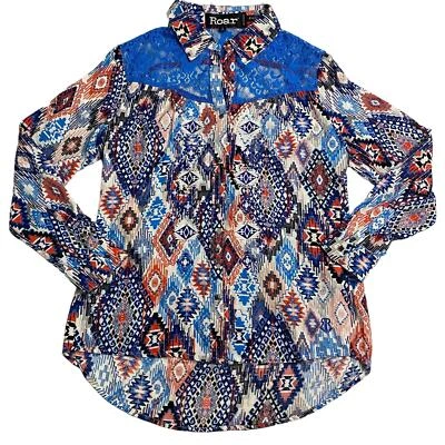 Roar衬衫女式S上衣衬衫波西米亚阿兹特克西部网纱露背艺术 — 第 1/4 张图片