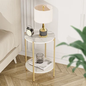 2 Tier Round Side End Table Real Marble Top Bedside Coffee Table Nightstand - Picture 1 of 18