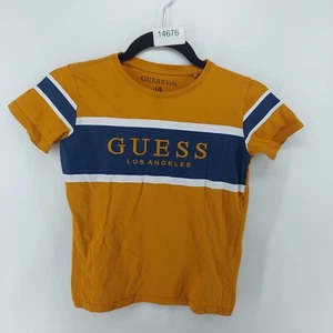 guess kids boys t shirt size 10 crew neck short sleeve front logo brown & blue - Picture 1 of 4