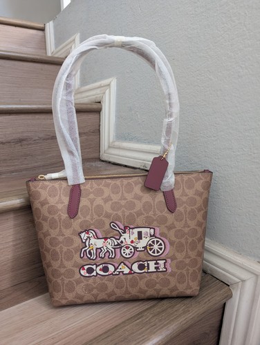 BORSA TOTE BAG COACH CX587 FIONA ZIP NUOVA CON ETICHETTE IN TELA FIRMATA CON STAMPA CAVALLO E CARROZZA