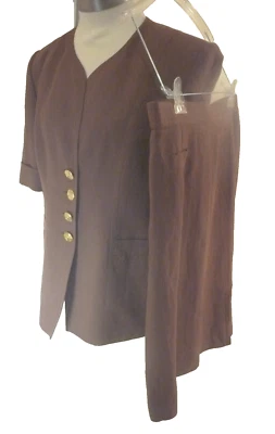 Vintage 2 Piezas Louis Feraud Marrón Mezcla Lino Falda 12 Traje Chaqueta 10 Alemania Foto 1 de 4