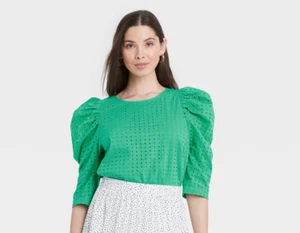 Women's Elbow Sleeve Eyelet Top - A New Day - Green - Various Sizes - S587 - Picture 1 of 4