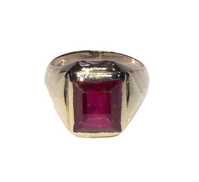 Men's 14k Solid Yellow Gold Signet Ring With Lab Created Ruby Stone (Size 9.5) - Image 1 of 4