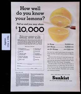 1961 Sunkist "How Well You Know Your Lemons" $10,000 Sweepstakes Print Ad 49977 - Picture 1 of 1