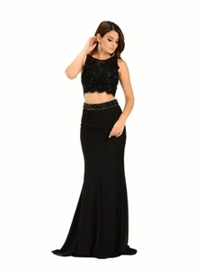 Schwarzes 2-teiliges Jersey Spitze Galakleid Kleid Gr. L (10-12) Neu mit Etikett SALE! - Bild 1 von 3